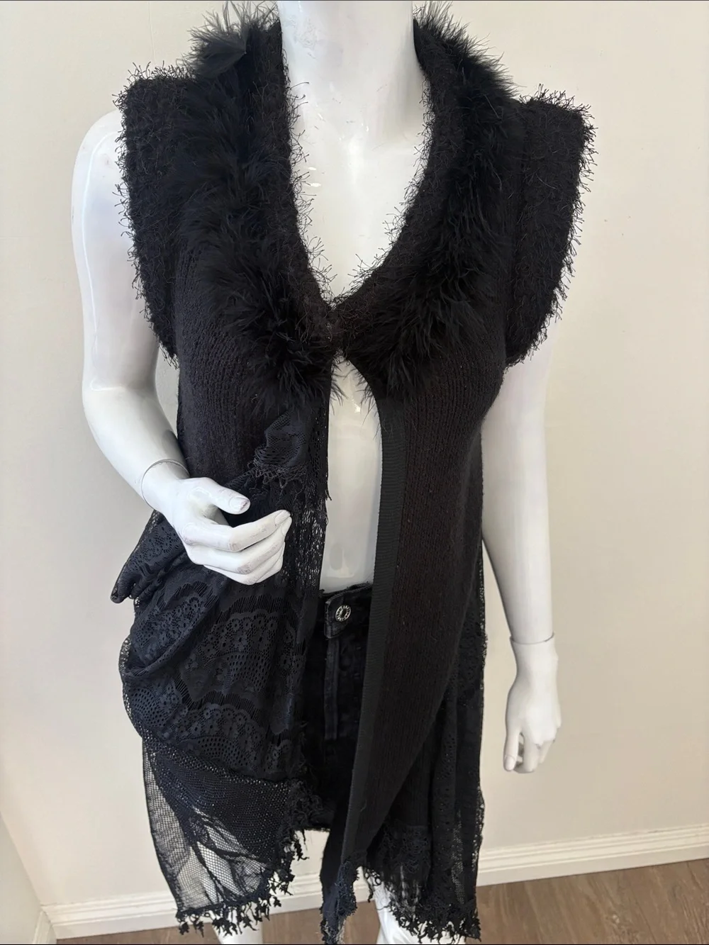 Y2K Black Sleeveless Knit Duster Vest w Lace, Mesh Paneling & Feather Boa Trim